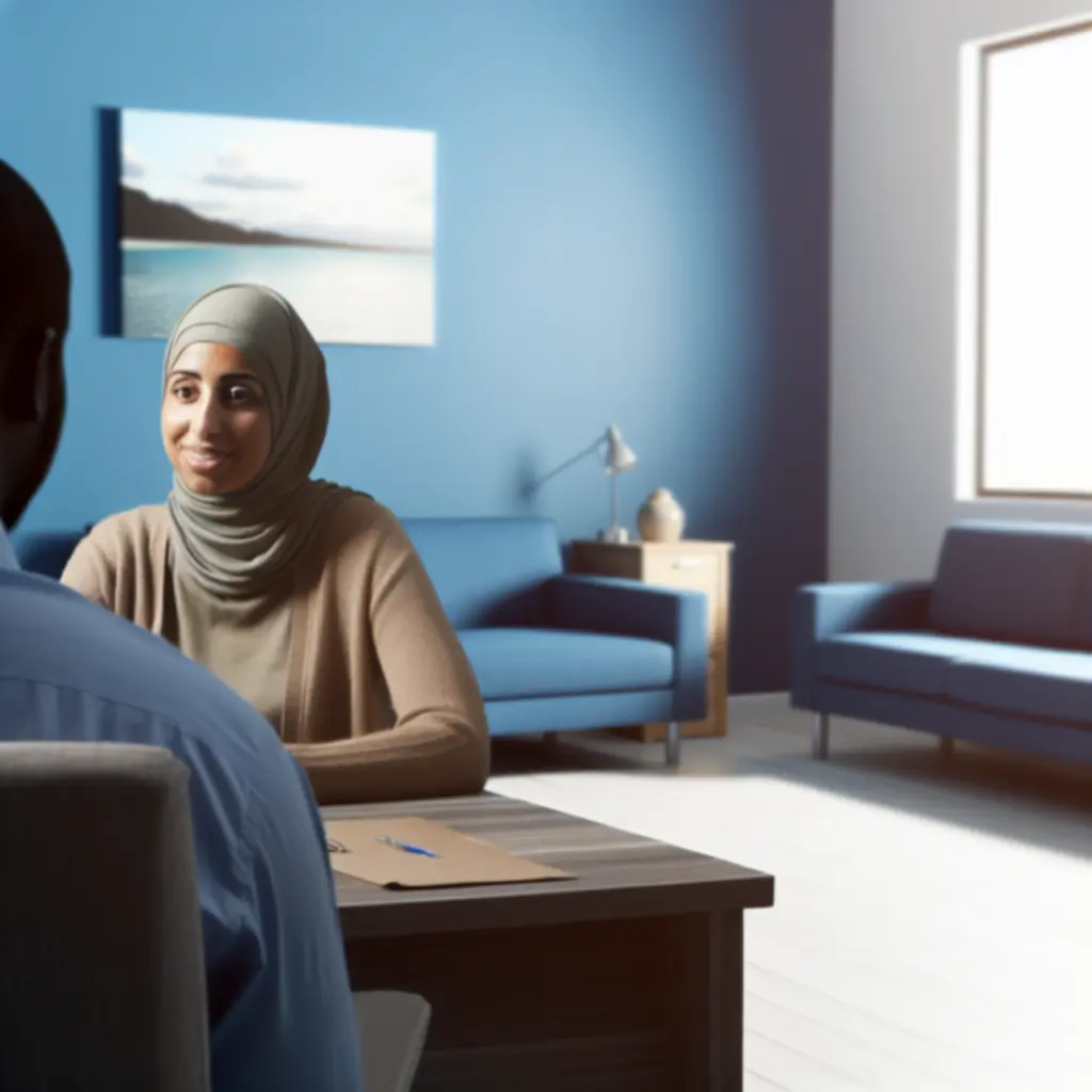 Conseillère d’une ligne d’aide écoutant un joueur au téléphone dans un environnement professionnel et rassurant.